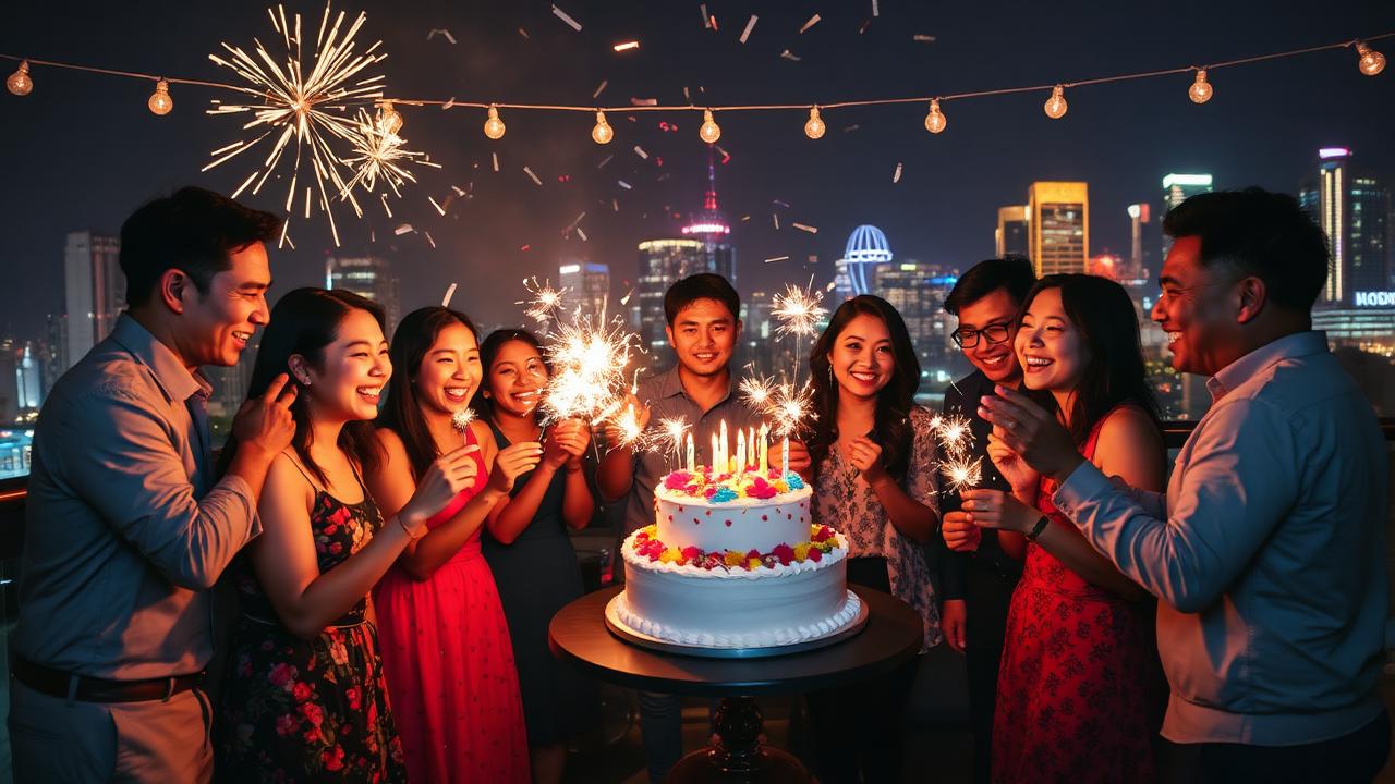 Birthday party celebration with sparklers on a Singapore rooftop