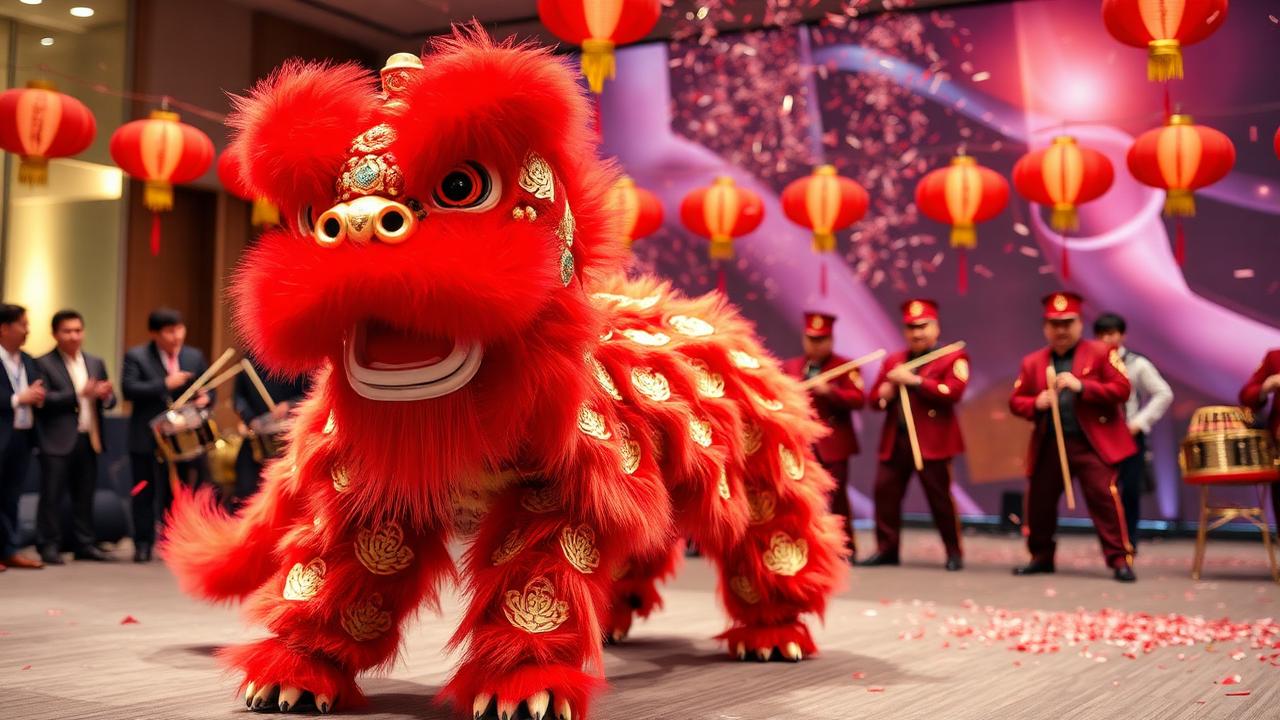 Chinese New Year lion dance performance at a Singapore corporate event