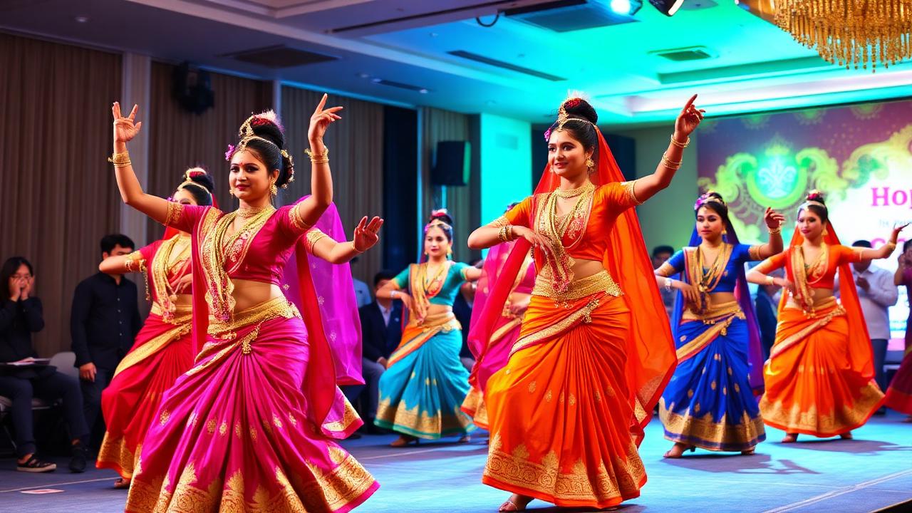 Bollywood dancers performing at a Singapore event with colourful costumes