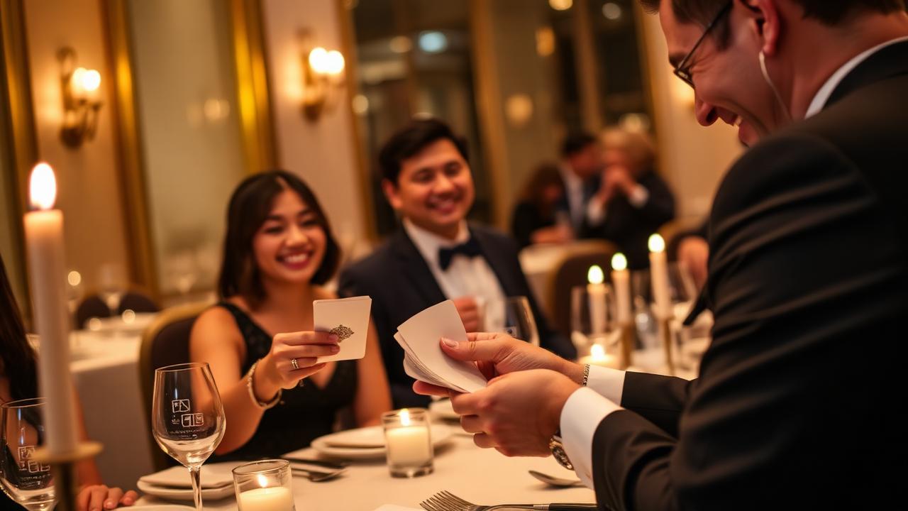 Close-up magician performing card tricks at an elegant dinner event