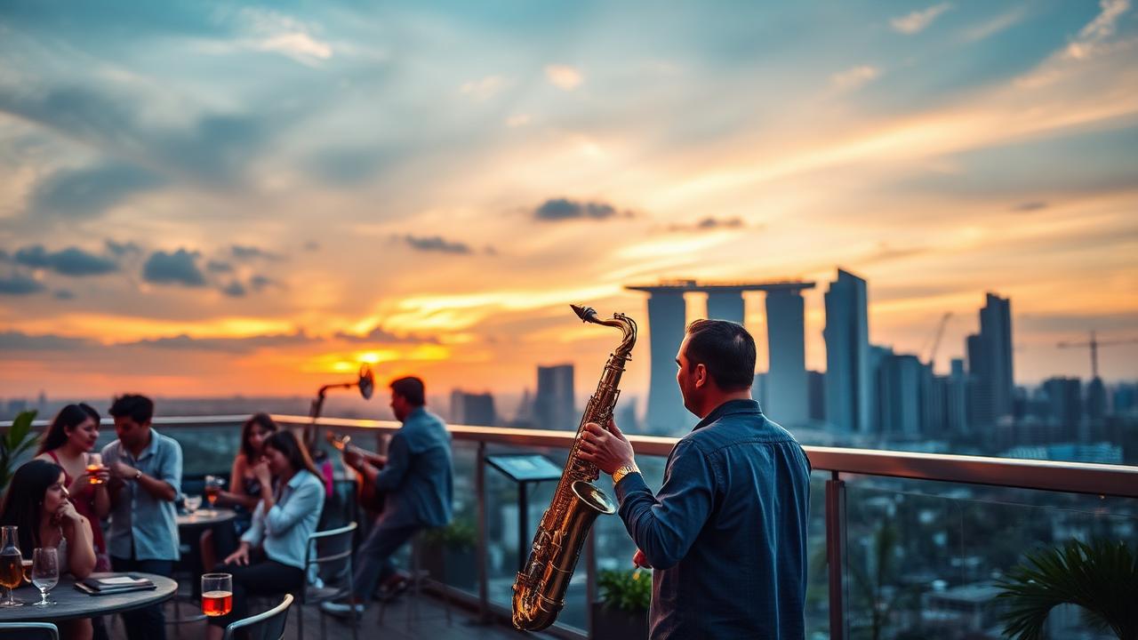 Saxophonist performing at a rooftop cocktail event with Singapore skyline