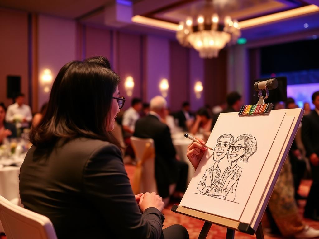 Professional caricaturist drawing guest portraits at gala dinner