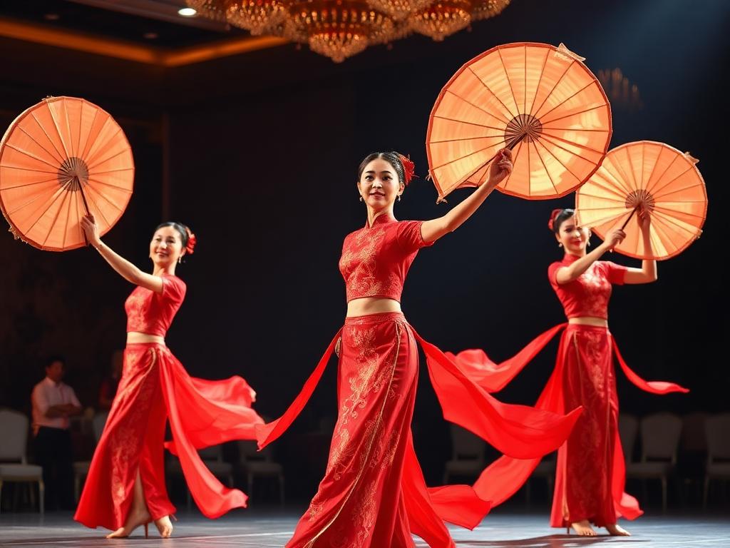 Chinese fan dancers performing at a luxury corporate event in Singapore