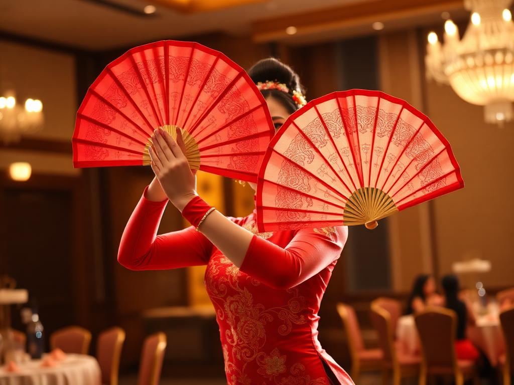 Traditional Chinese fan dancer in red qipao at a wedding banquet