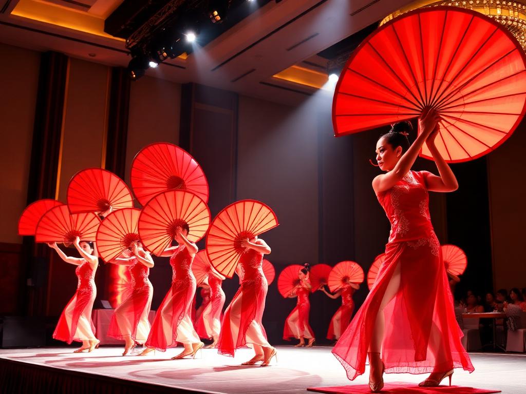 Group of Chinese fan dancers performing synchronized fan dance at a gala dinner