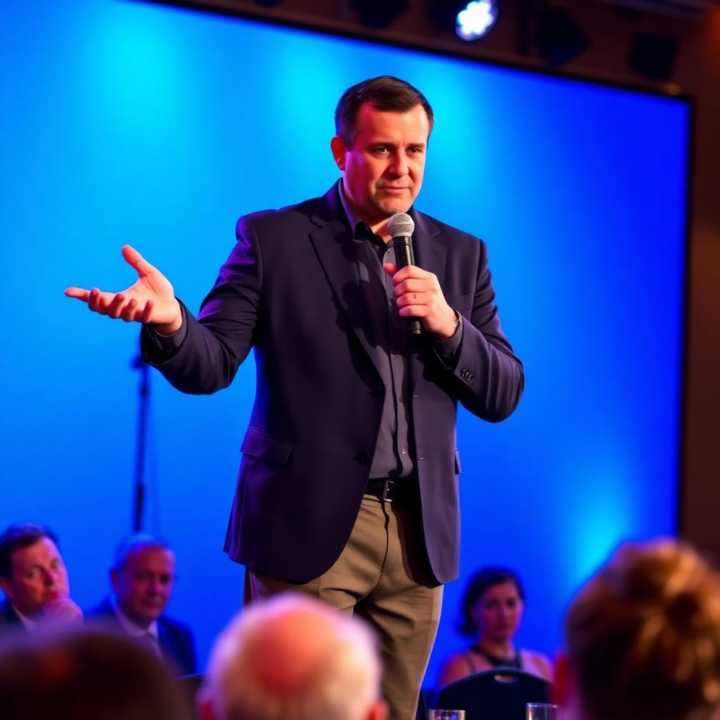 Comedian with microphone at corporate event with blue backdrop