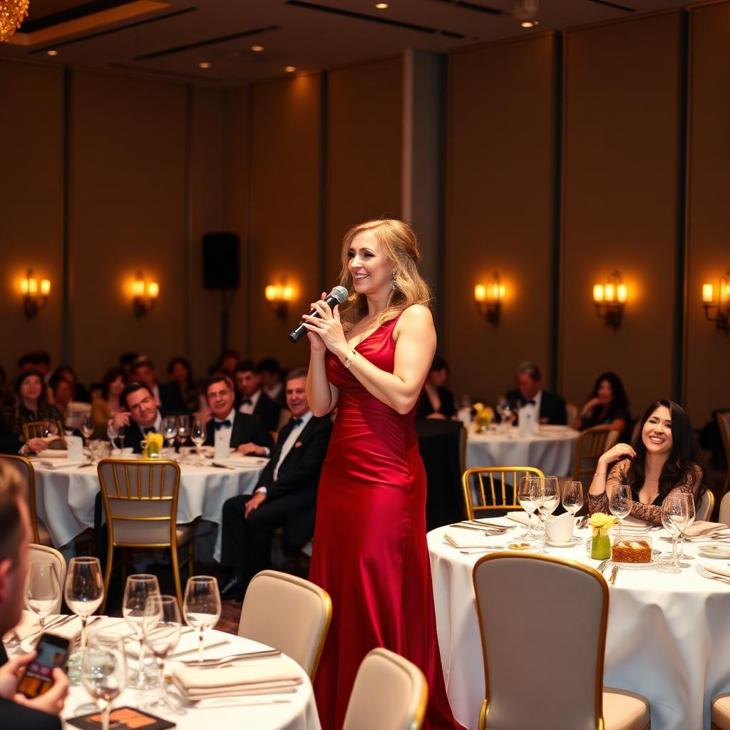 Female comedian performing at luxury dinner event