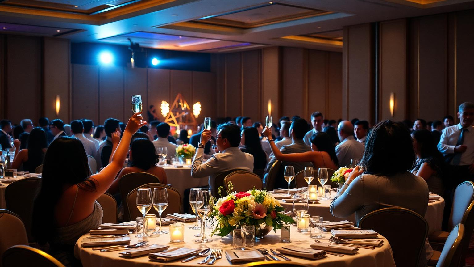 Company dinner and dance in a Singapore hotel ballroom managed by Luxoria Entertainment